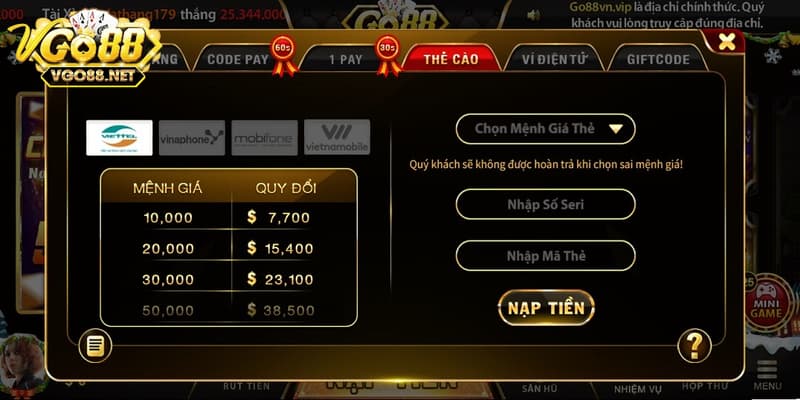 Tổng hợp các phương thức online nạp tiền Go88 phổ biến